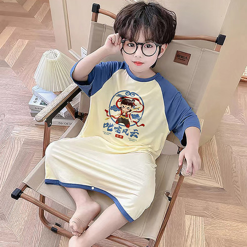 男童哪吒睡裙夏季薄款2025新款男孩宝宝莫代尔空调服儿童连体睡衣