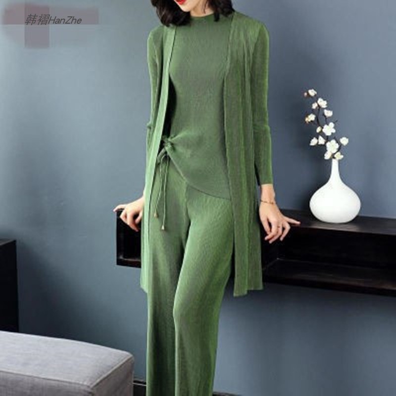 三宅褶皱三件套女中老年妈妈装抽绳显瘦大码太太秋装新款阔裤套装