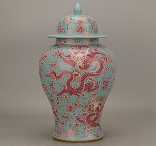 家居摆件 古玩古董老货旧货收藏 清康熙款 天蓝地皮五龙纹将军罐