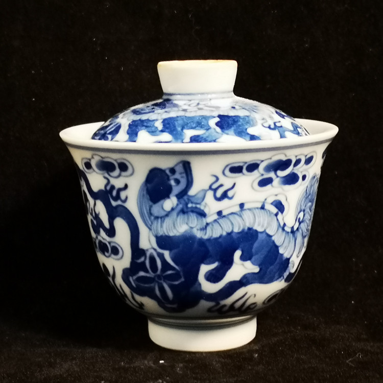 清光绪寒窑款手绘青花麒麟纹小盖杯仿古茶具小茶碗精品主人杯收藏