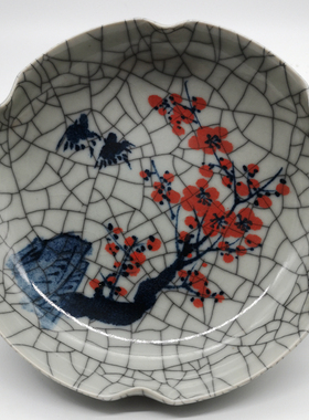 官窑开片釉里红梅纹花口瓷器古玩