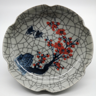 清官窑开片青花釉里红梅纹花口果盘/茶托 古玩瓷器仿古收藏品摆件