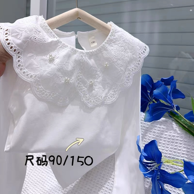 2026春款女童娃娃领白色打底衫儿童翻领长袖t恤上衣女宝宝打底衫