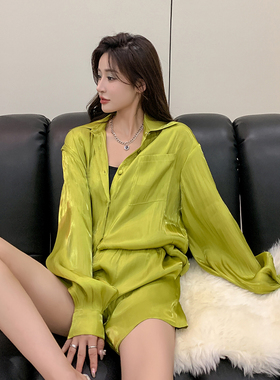 【3折清仓】三观 海岛丝绿色复古衬衫套装女夏2022新款百搭短裤两