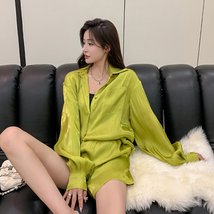 【3折清仓】三观 海岛丝绿色复古衬衫套装女夏2022新款百搭短裤两