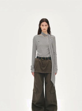 【VIINS】AVVENN 25秋冬新款条纹修身斜领飘带长袖上衣1504