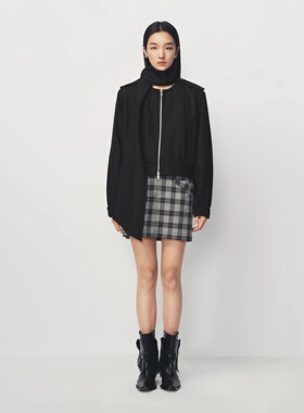 AVVENN灰色系格纹翻边口袋设计可调节直筒中裙1706