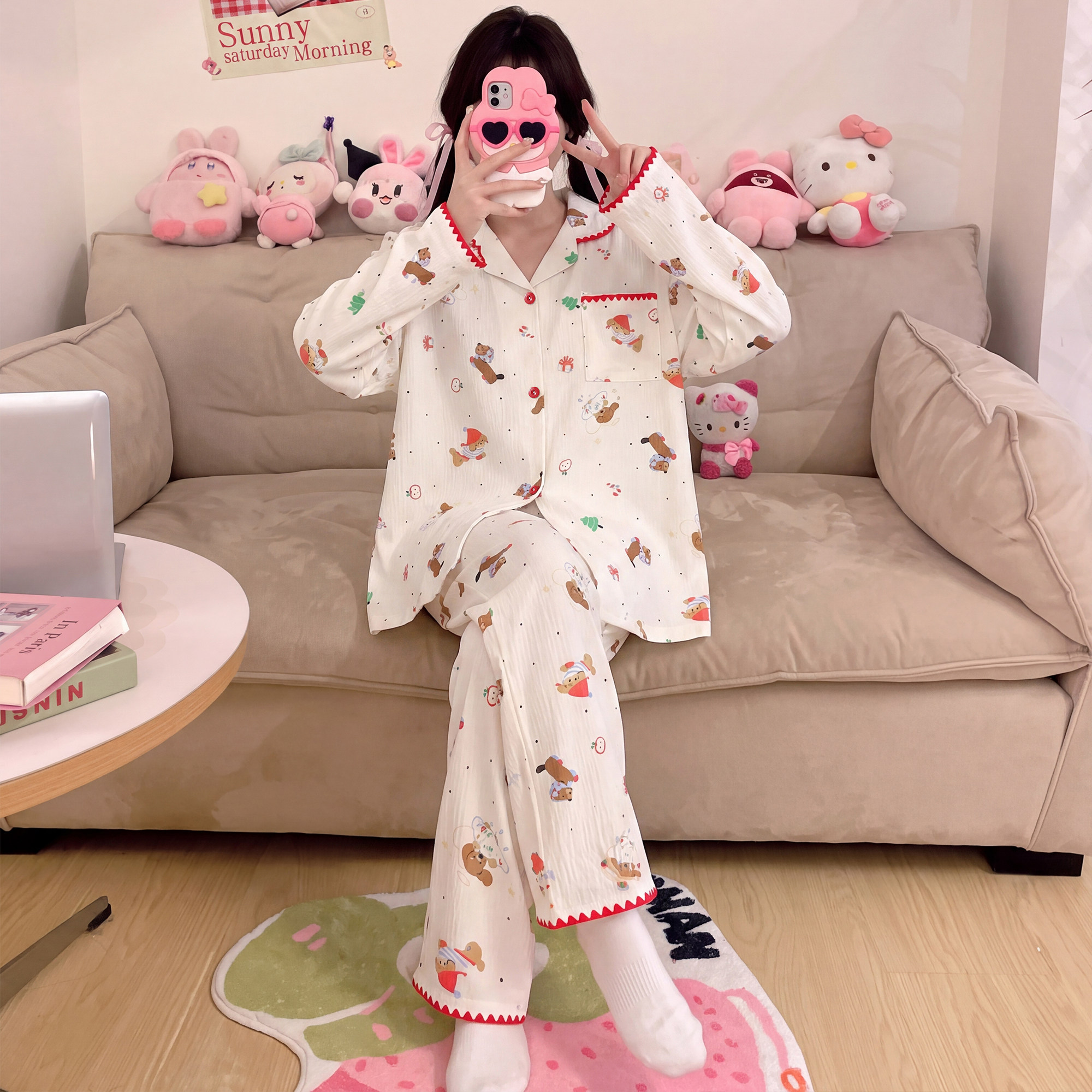 新款云朵棉睡衣女款春秋季卡通长袖带胸垫少女可外穿家居服套装
