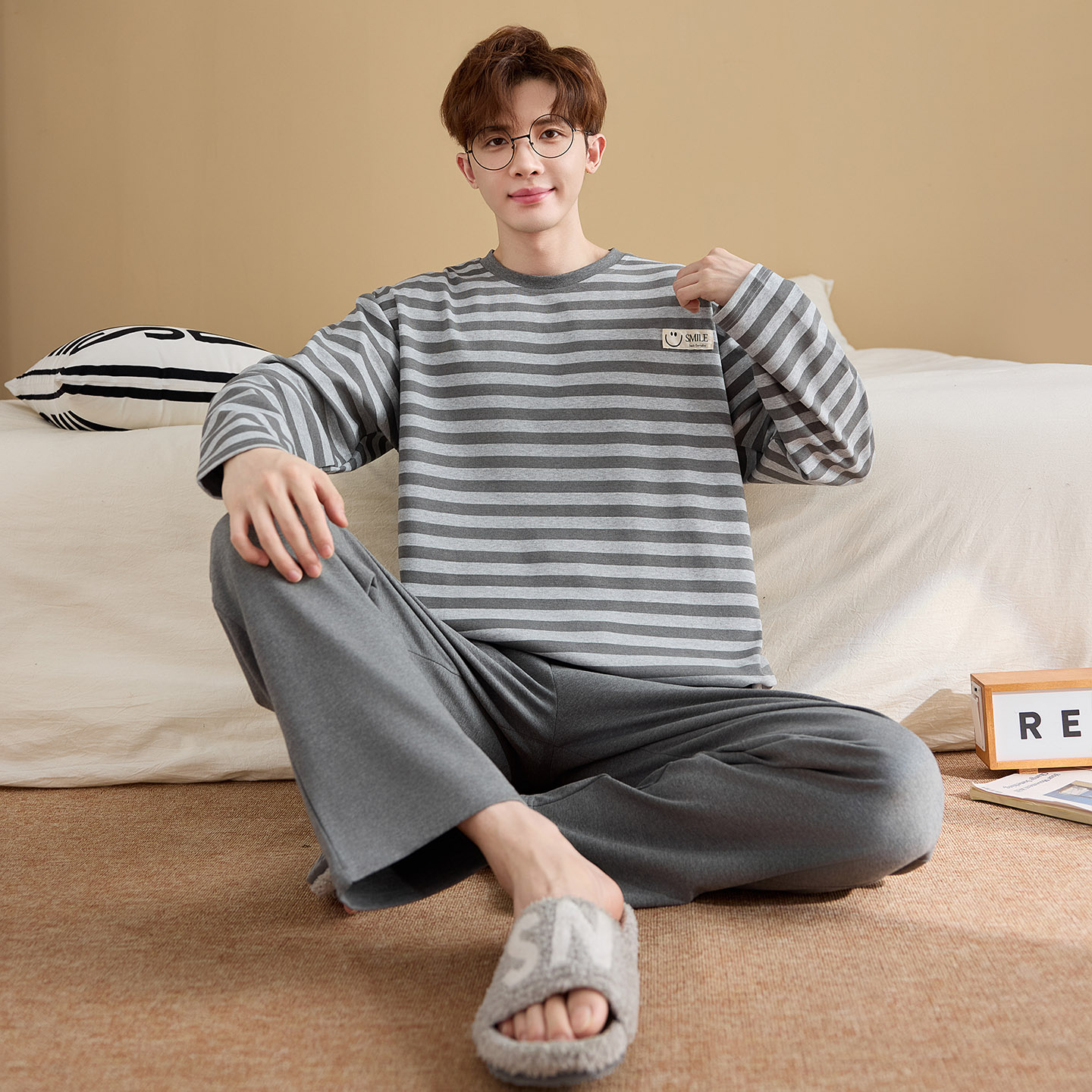 新款全棉100%纯棉男士睡衣秋冬季长袖长裤青少年大码家居服套装男