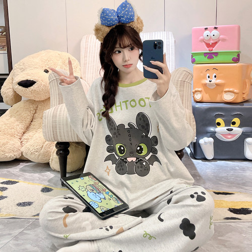 大码睡衣女春秋季纯棉卡通加肥大码胖mm200斤宽松全棉家居服套装