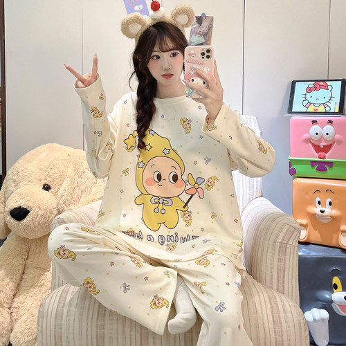 睡衣女春秋季纯棉长袖圆领宽松大码可爱卡通印花少女士家居服套装