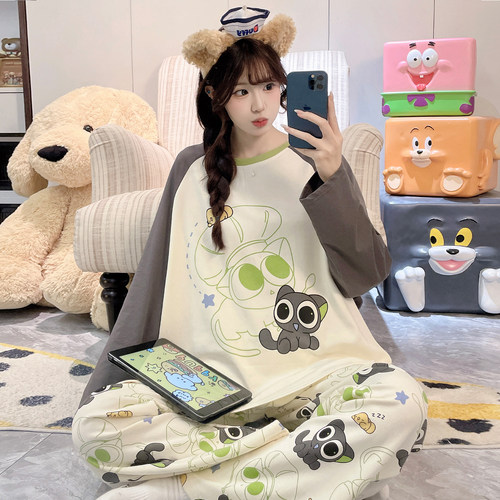 纯棉睡衣女春秋季长袖长裤2026新款卡通可爱女士家居服可外穿套装