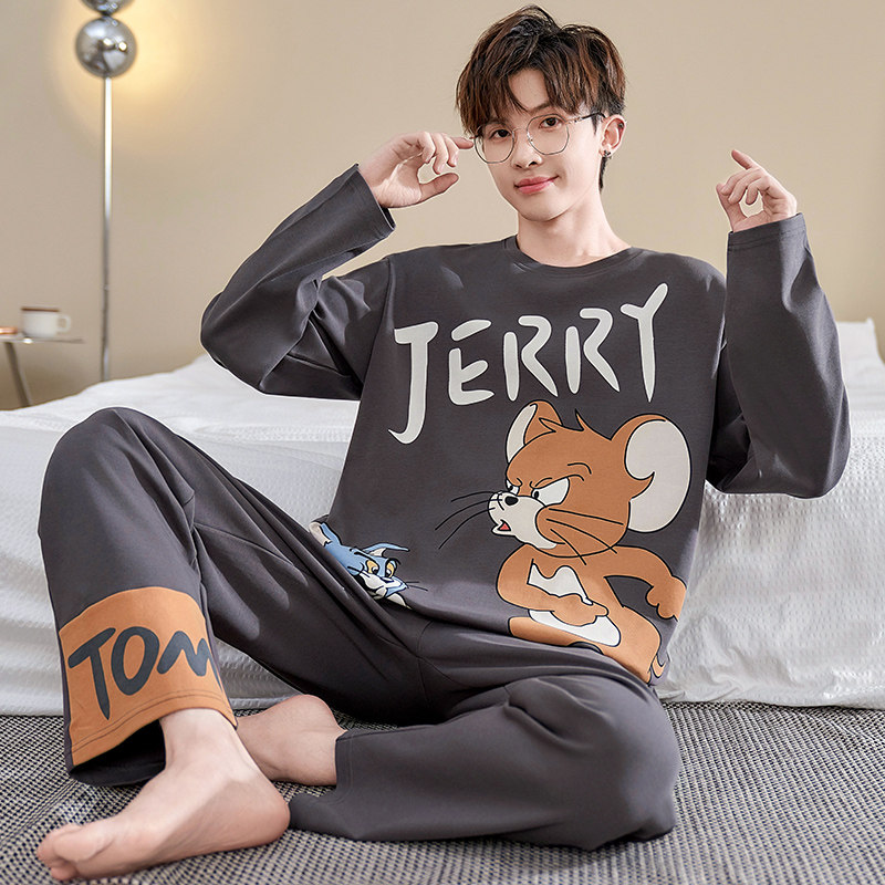 春秋夏季男春秋款纯棉长袖长裤卡通大码家居服套装可外穿新款睡衣