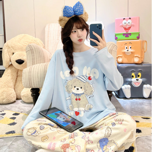 纯棉睡衣女款春秋季可爱卡通圆领美少女长袖宽松家居服可出门套装