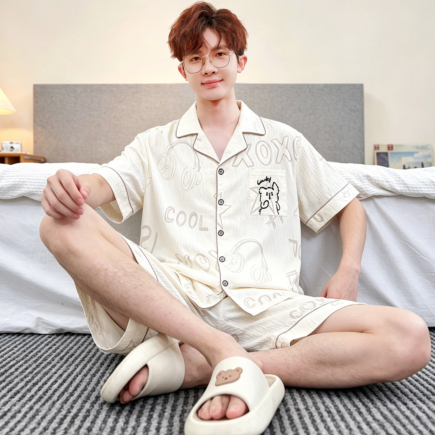 新款夏季男士睡衣云朵棉开衫短袖短裤加大码套装青少年宽松家居服