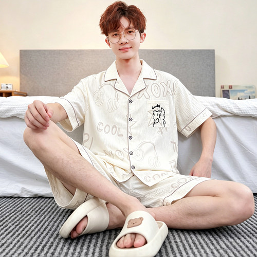 新款夏季男士睡衣云朵棉开衫短袖短裤加大码套装青少年宽松家居服