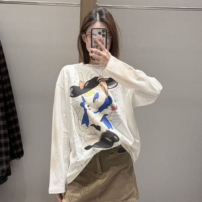 【现货】FORDARE/福蝶26早春手绘感做旧性感小猫长袖T恤