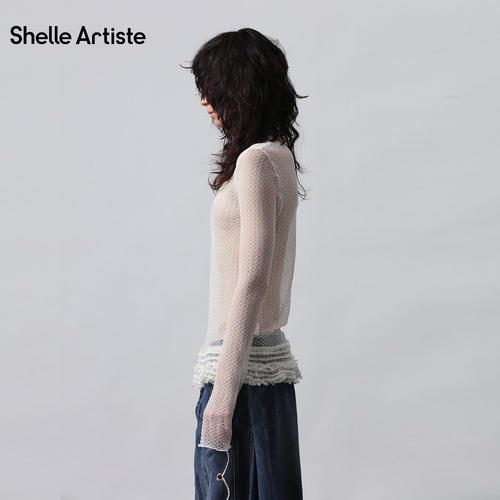 【现货】SHELLE ARTISTE26春季新款休闲高级叠穿花边网长袖打底衫