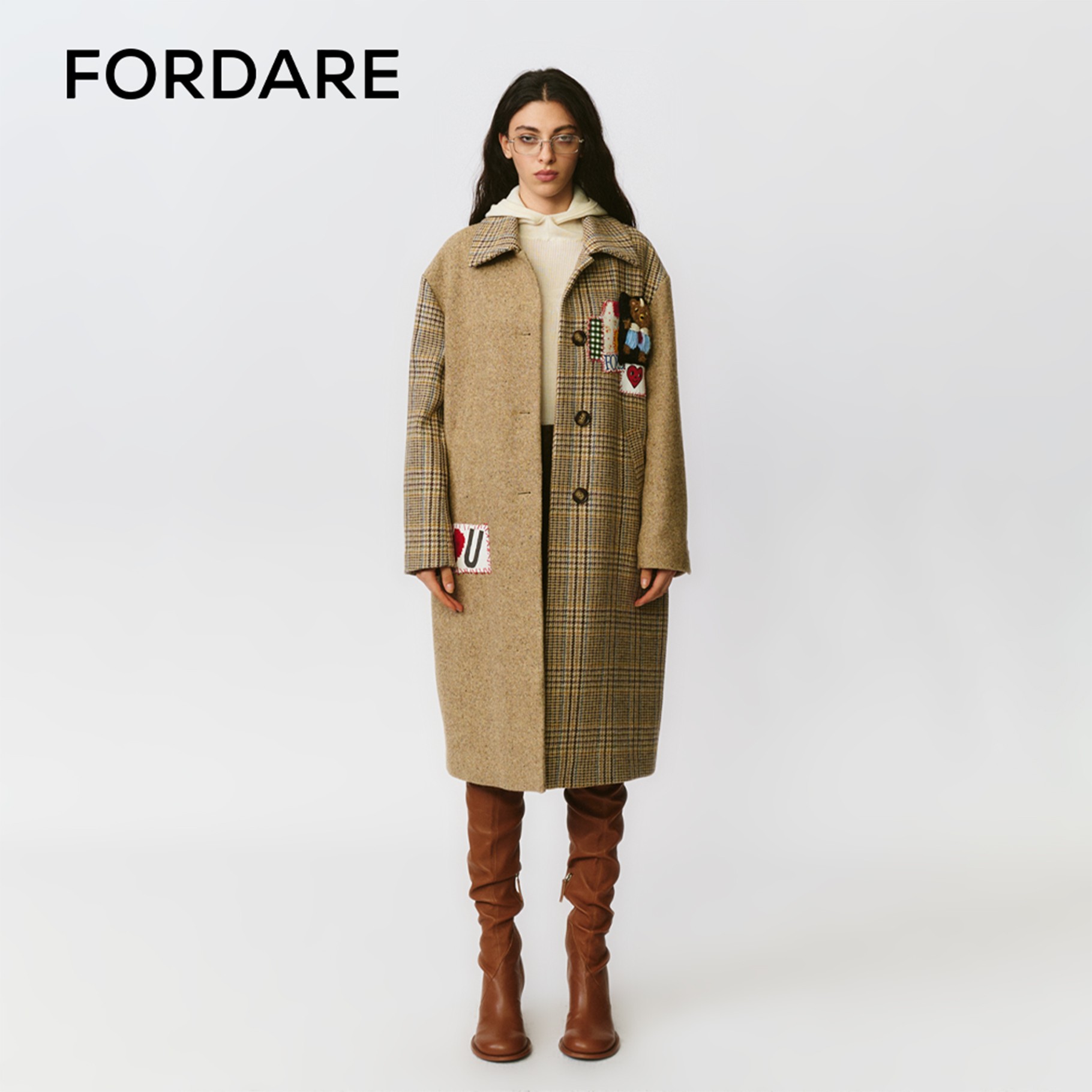 【现货】FORDARE/福蝶25秋冬复古拼布领带小熊长裤大衣