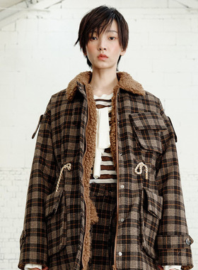 YANAG原创设计灰蓝摩卡格纹两面穿灰色皮毛外套羊毛短款毛呢大衣