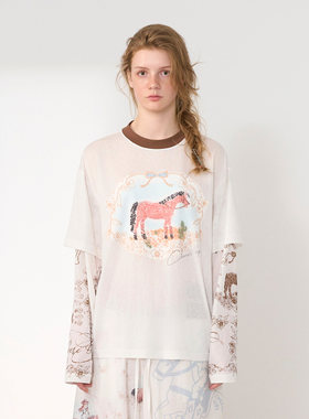 【现货】CHEERi UPi2026春季新款骑士靴印花俏皮软语风假两件T恤