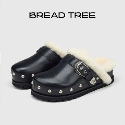 BREADTREE面包树 25年新款铆钉装饰厚底羊毛拖鞋博肯包头毛毛拖