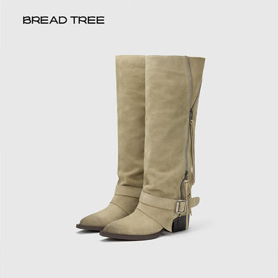 BREADTREE面包树 25年新款流苏拉链装饰高筒西部靴尖头擦色时装靴