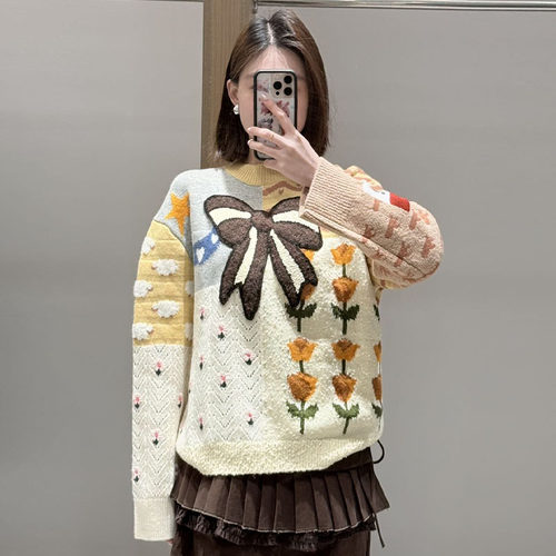 【现货】FORDARE/福蝶26春季设计师新品趣味撞色拼花蝴蝶结套头衫