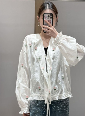 M |现货询价 26设计师品牌春季新款V领绣花荷叶边纯色