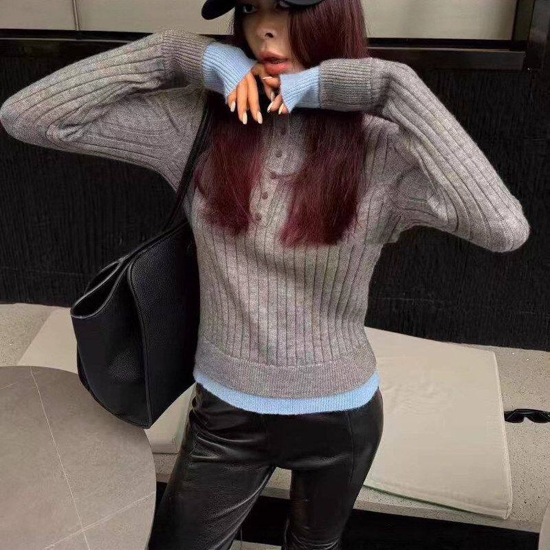 小众别致个性拼接设计感立领套头针织衫女秋冬款减龄时髦长袖毛衣