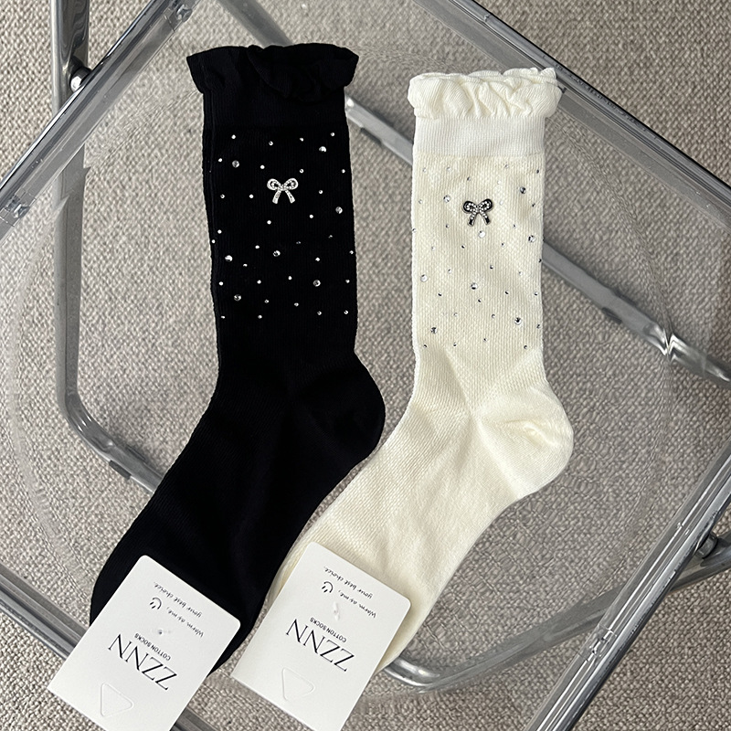 满天星饰品女袜装饰满钻蝴蝶结