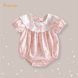 公主满月百天 薄款 婴儿衣服女宝萌趣蝴蝶结夏装 连体包屁衣哈衣短袖