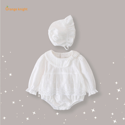 春秋甜美满月女宝爬服婴幼童小公主网纱裙摆设计珍珠娃娃领连体衣