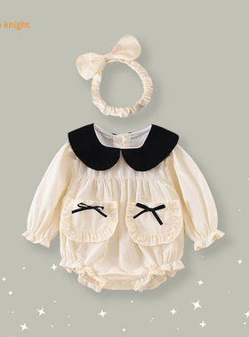 小月龄女宝宝春季花边长袖衣服甜美娃娃领公主蝴蝶结三角包屁哈衣