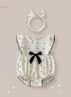 夏装连体衣洋气黑色蝴蝶结印花飞袖小月龄女宝宝哈衣包屁衣外出服