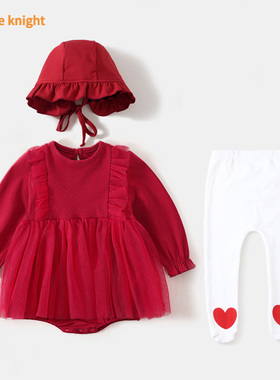 婴儿小裙子春秋满月衣服红色百天新生儿公主裙宝宝周岁百日宴礼服