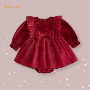 女童连衣裙流光蝴蝶结薄纱花边圆领婴儿穿搭小公主婴幼儿包屁爬服