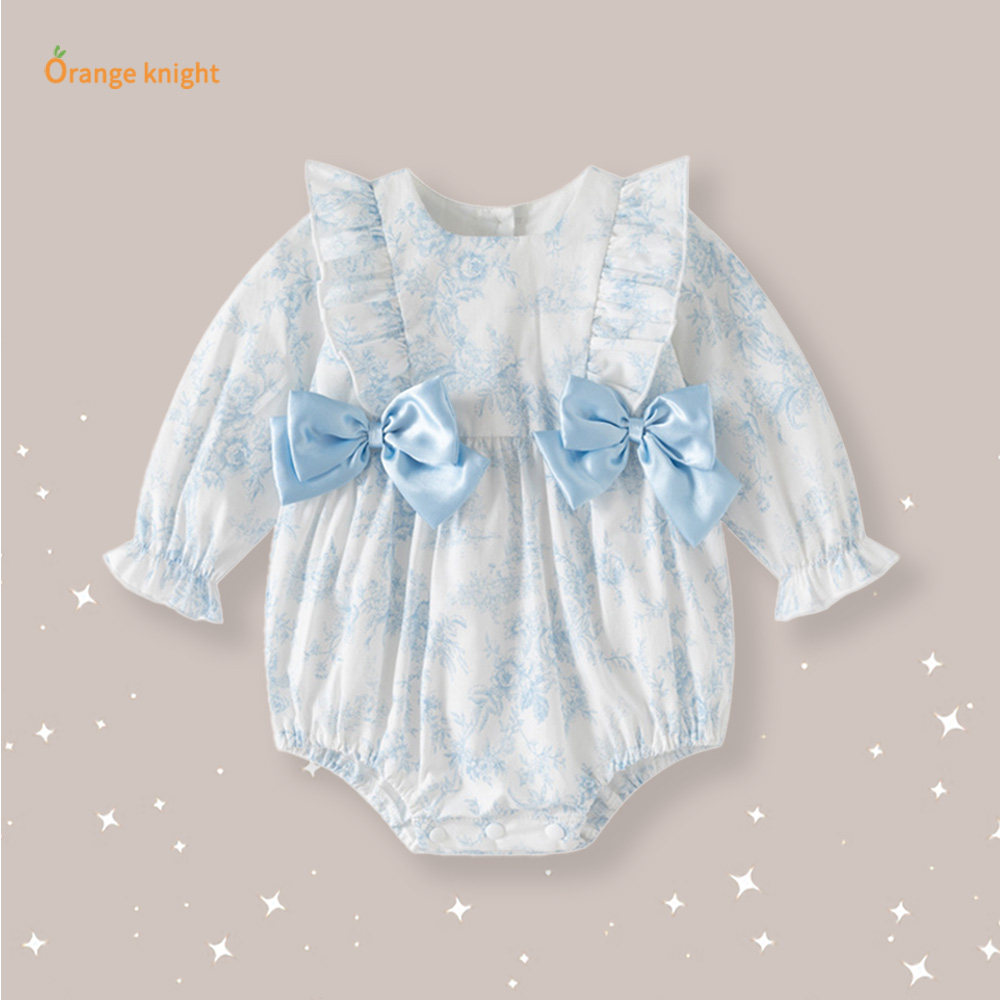 小清新婴幼儿爬服方领花边长袖蝴蝶结周岁满月女宝三角包屁连体衣