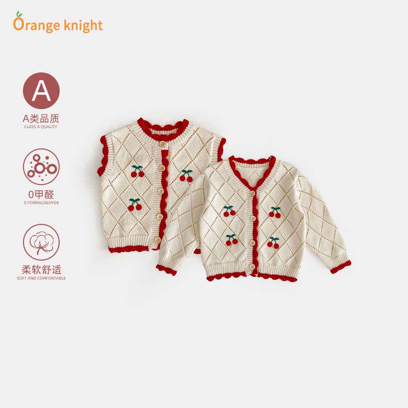 婴儿春秋外出外套宝宝衣服可爱超萌樱桃针织背心马甲长袖开衫上衣