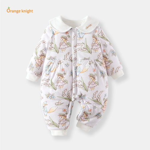 童装宝宝衣服冬季厚款夹棉连体哈衣新生婴儿外出服萌兔印花长爬服