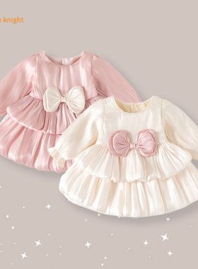春秋装流光双层蝴蝶结宝宝爬服小公主满月宴圆领长袖三角包屁哈衣