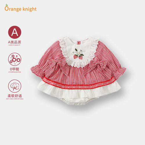 女宝宝春装格子连衣裙百天满月服