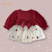 3岁新生儿婴儿樱桃蝴蝶结连衣裙周岁满月甜美公主裙洋气礼服