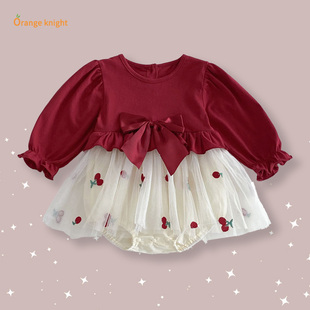 3岁新生儿婴儿樱桃蝴蝶结连衣裙周岁满月甜美公主裙洋气礼服