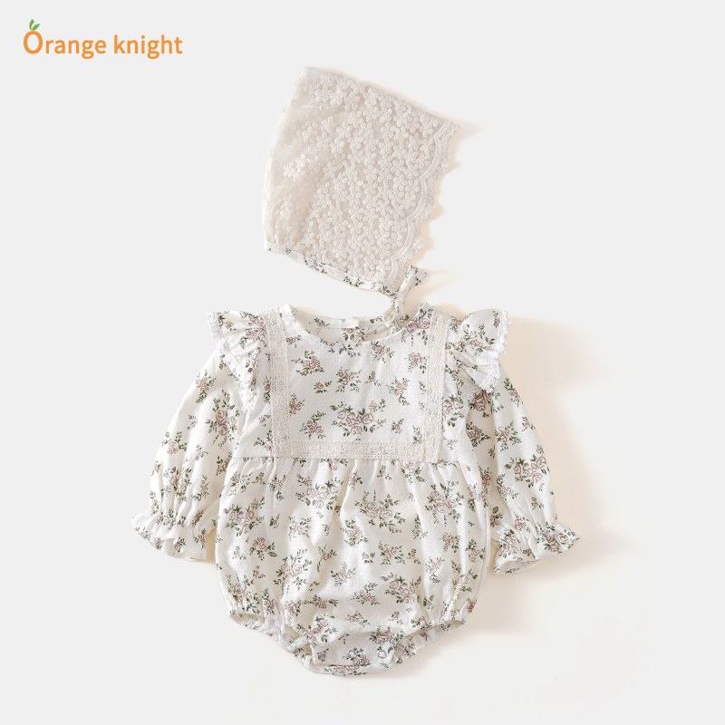 女宝宝三角哈衣韩版小碎花时髦田园风包屁衣婴儿春秋新款纯棉衣服