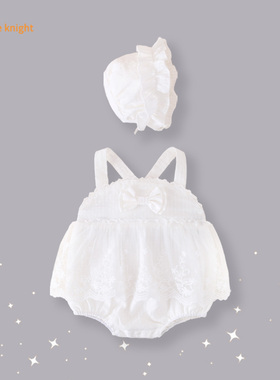 夏日元气治愈纯白色女婴儿软萌可爱蝴蝶结装饰薄纱裙摆吊带连衣裙