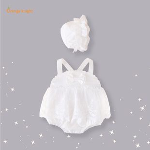 夏日元气治愈纯白色女婴儿软萌可爱蝴蝶结装饰薄纱裙摆吊带连衣裙