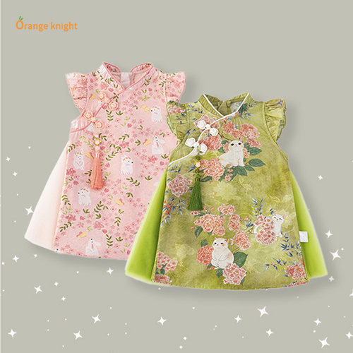 2025新款中国风旗袍小兔子流苏吊坠薄纱夏日连衣裙女宝宝国风夏装