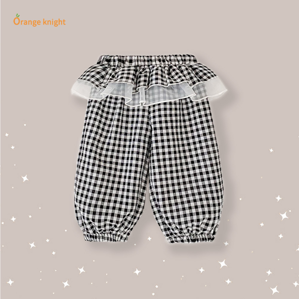 婴儿女宝宝田园系可爱洋气网纱裙摆拼接设计黑白格子裤打底长裤