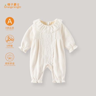 小月龄婴儿秋冬季 爬服 新款 加厚连体衣女宝宝翻边圆领甜美公主长袖